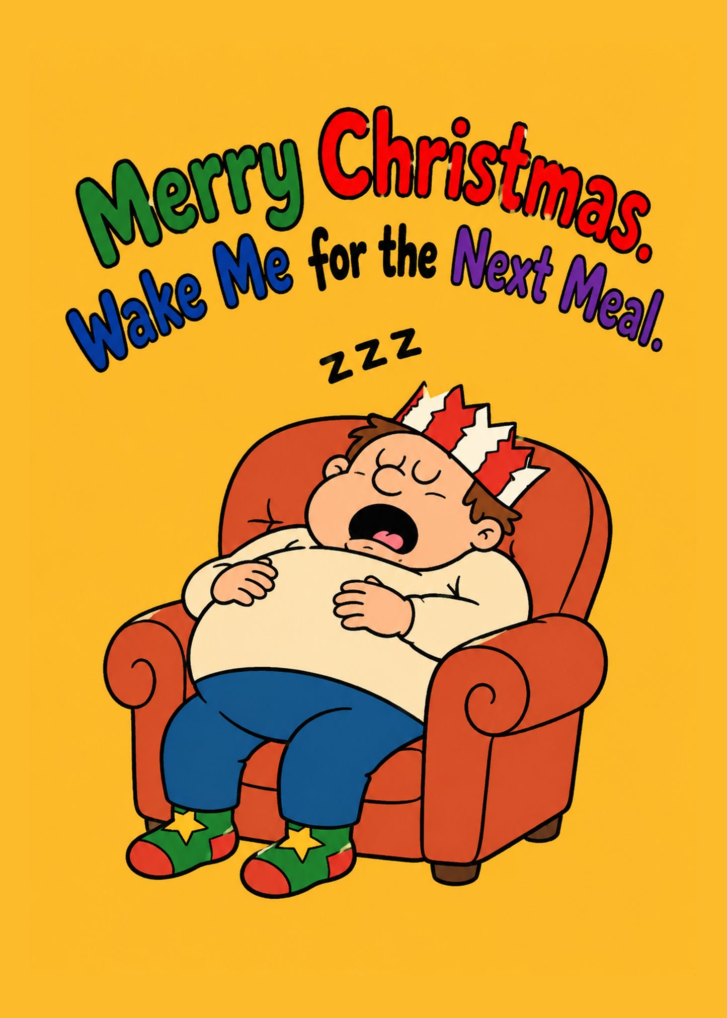 Funny Christmas card showing a cartoon man asleep in an armchair in a paper crown after Christmas dinner, by Gigglz