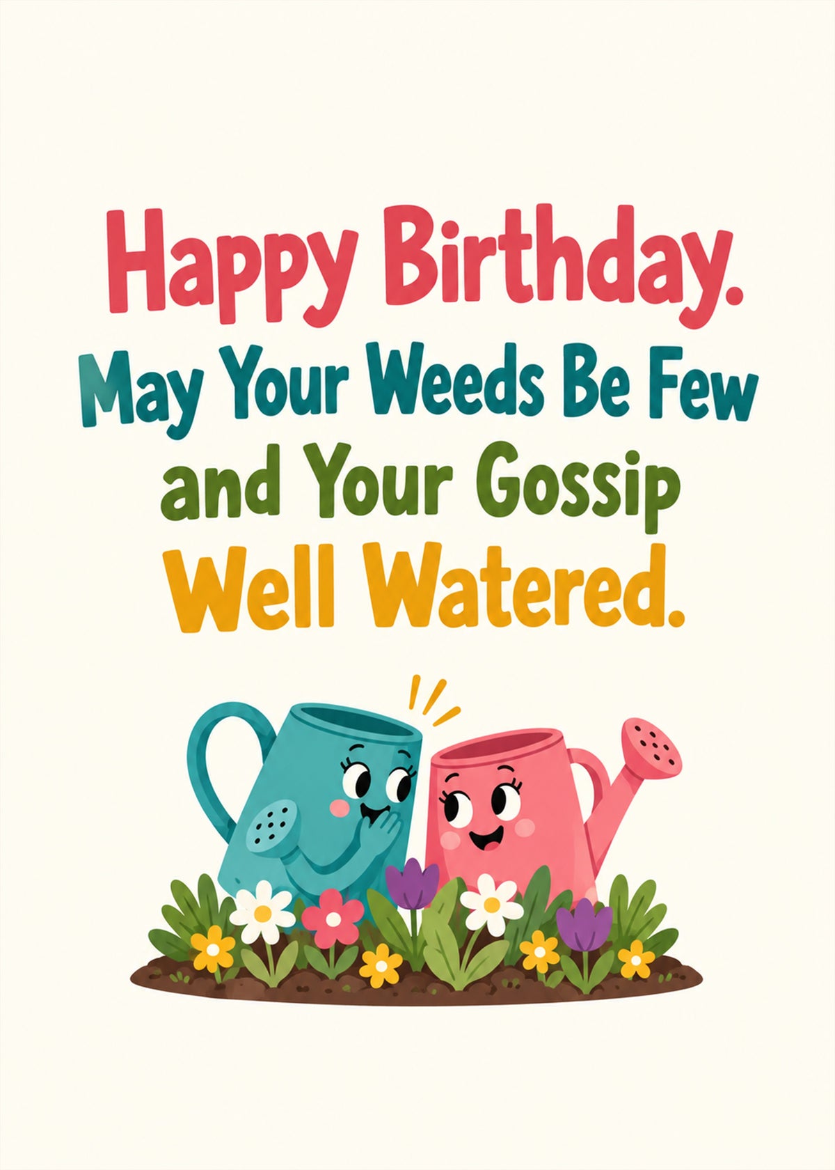 Funny birthday card showing bold multicolour lettering above two gossiping cartoon watering cans in a flower bed, by Gigglz