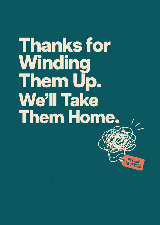 Funny Grandparents Day card showing bold type with a tangled scribble tagged RETURN TO SENDER, by Gigglz