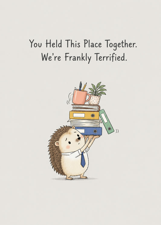 Funny leaving card showing a small hedgehog in a shirt and tie balancing a huge stack of folders, mugs and a plant, by Gigglz