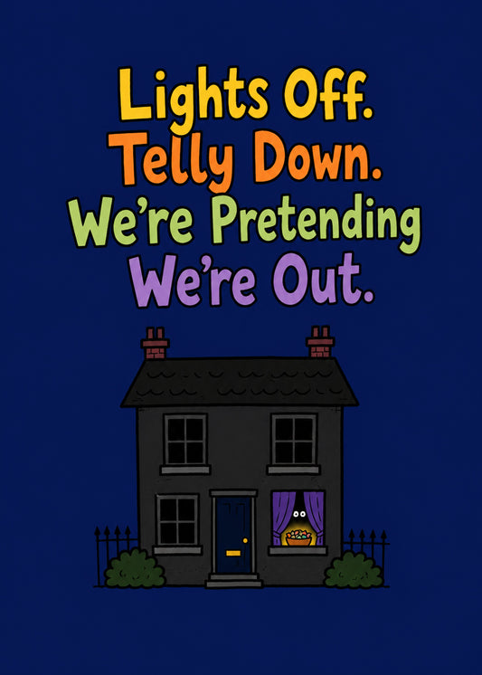 Funny Halloween card showing a darkened house with a sweet bowl and two eyes peeking through the window, by Gigglz