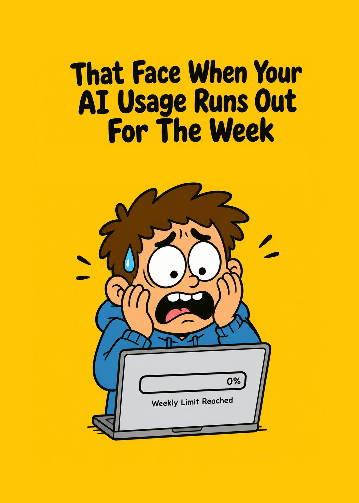 Funny everyday card showing a panicked cartoon man at a laptop showing 'Weekly Limit Reached' at 0%, by Gigglz