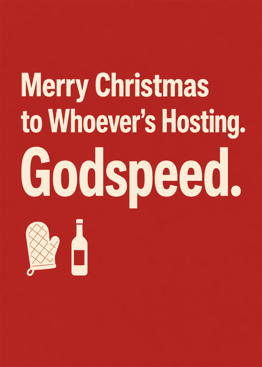 Funny Christmas card showing bold type with an oven glove and a bottle of wine, by Gigglz