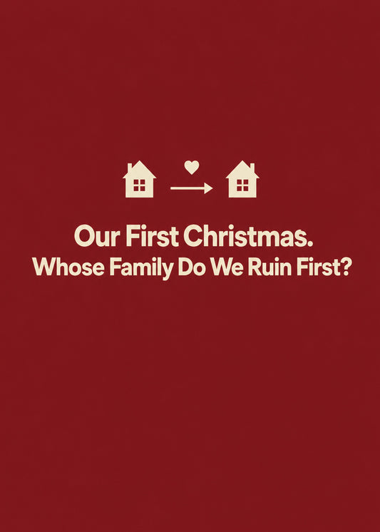 Funny Christmas card showing two little houses joined by a heart and an arrow, with Our First Christmas text, by Gigglz
