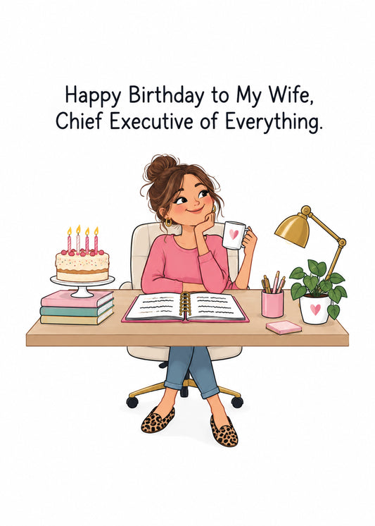 Funny birthday card showing a relaxed woman with a mug at a tidy desk with a cake, planner and plants on a cream, by Gigglz