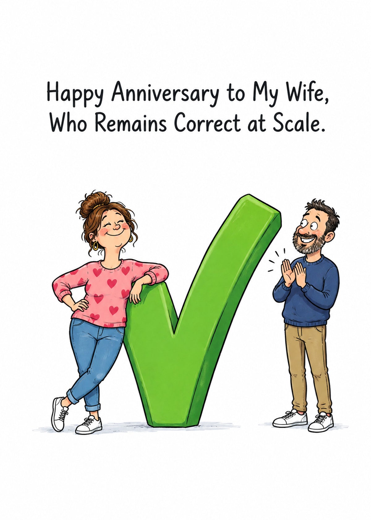 Funny anniversary card showing a smug woman leaning on a giant green tick while her husband applauds on a white, by Gigglz
