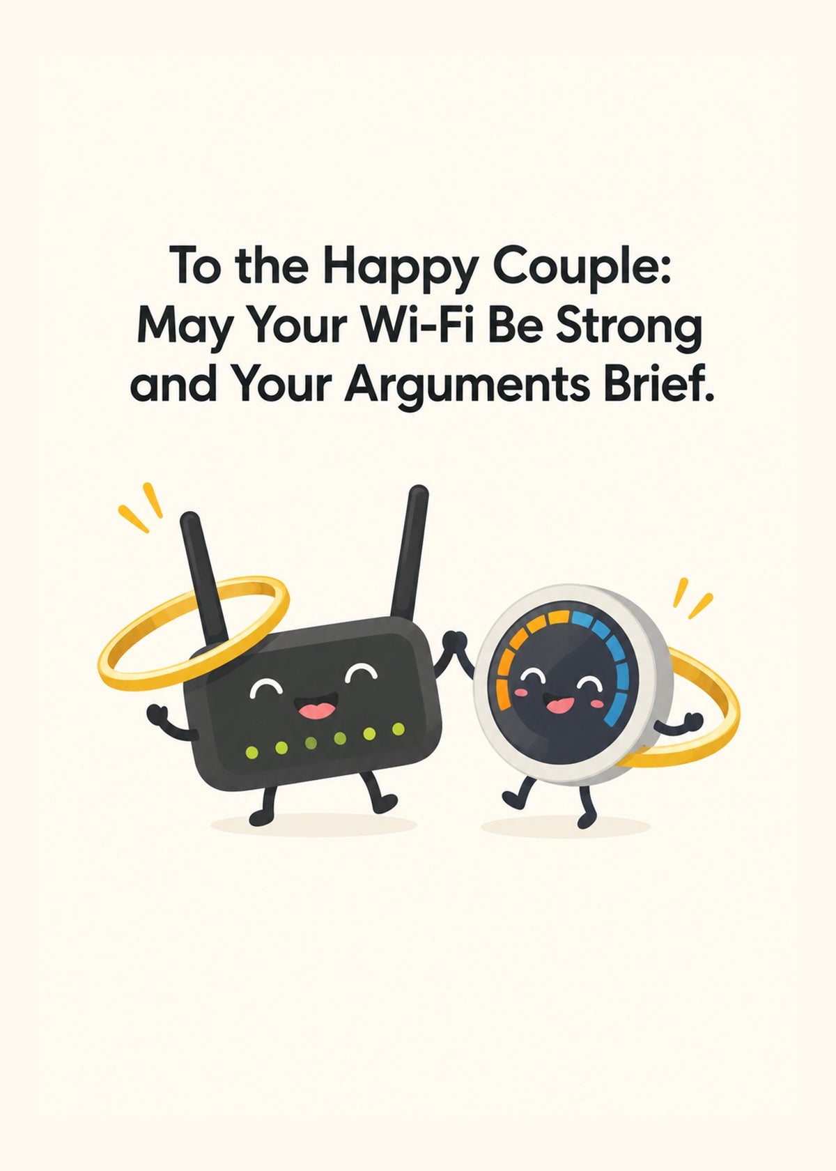 Funny wedding card showing a cartoon router and a speed-test dial wearing halo rings and holding hands on a cream, by Gigglz