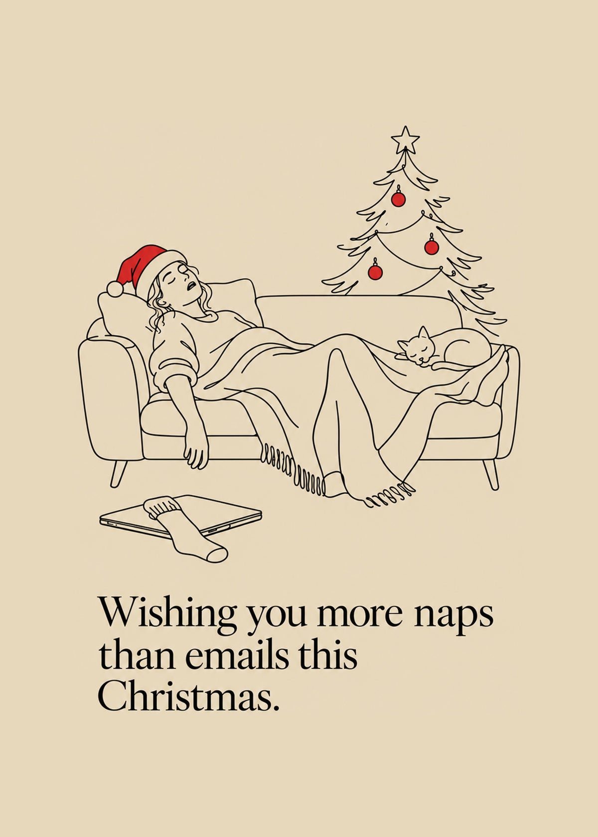 Funny Christmas card showing a single-line drawing of a woman in a Santa hat asleep on a sofa with a cat, by Gigglz