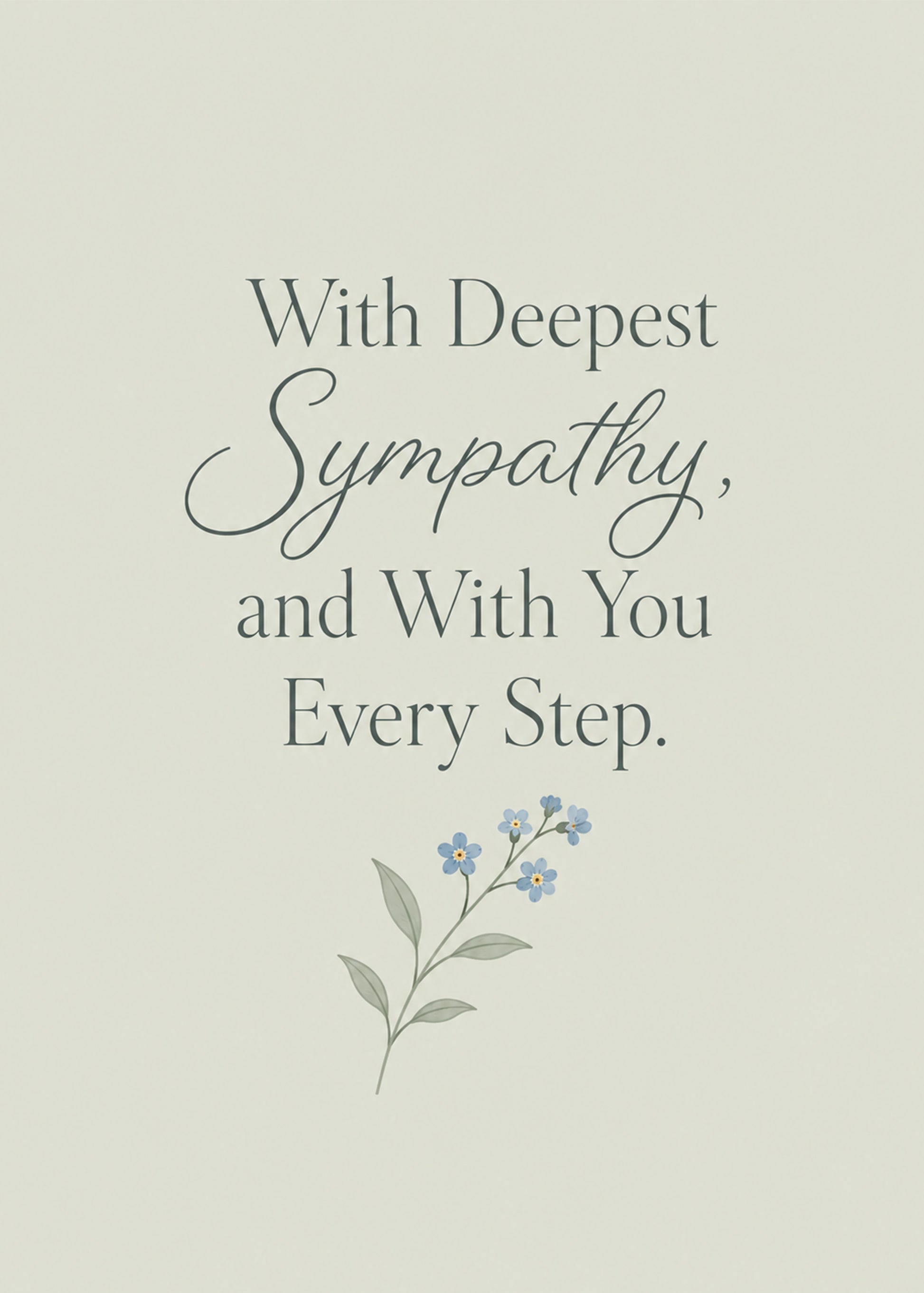 Heartfelt sympathy card showing a single forget-me-not sprig on soft grey, with With You Every Step text, by Gigglz