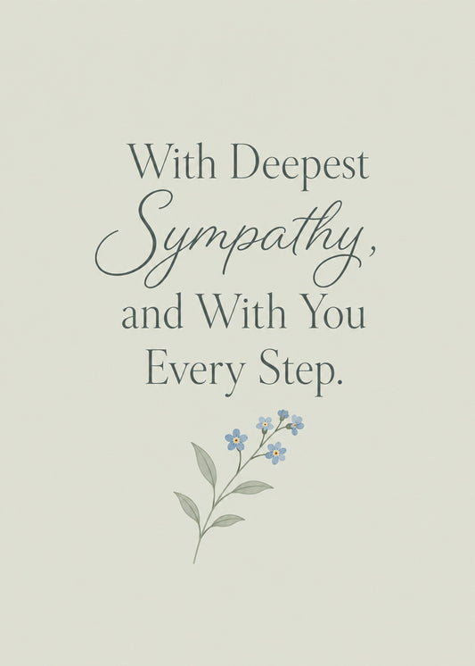 Heartfelt sympathy card showing a single forget-me-not sprig on soft grey, with With You Every Step text, by Gigglz