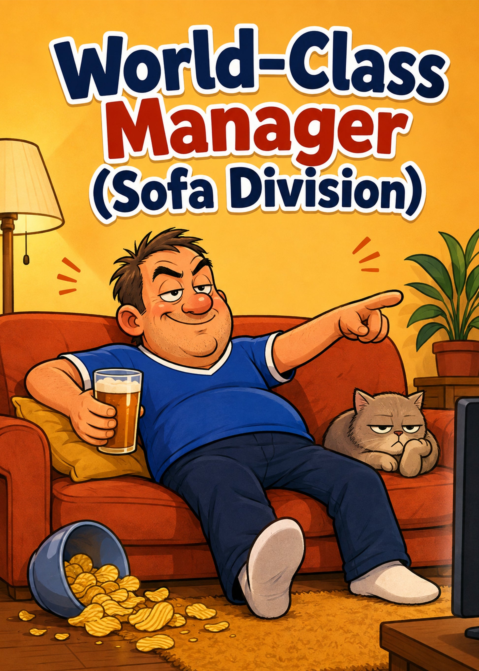 Funny birthday card with World-Class Manager (Sofa Division) text, by Gigglz