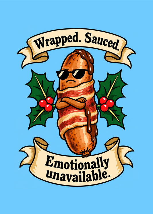 Funny Christmas card showing a tattoo-style pig in a blanket in sunglasses with gravy dripping down, framed, by Gigglz