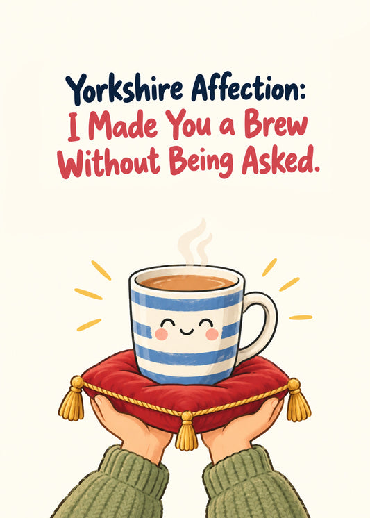 Funny everyday card showing bold navy and red lettering above a smiling striped mug of tea presented on a red, by Gigglz