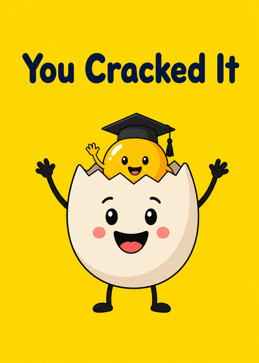 Funny congratulations card showing a cheering cracked egg character with the yolk wearing a graduation cap, by Gigglz