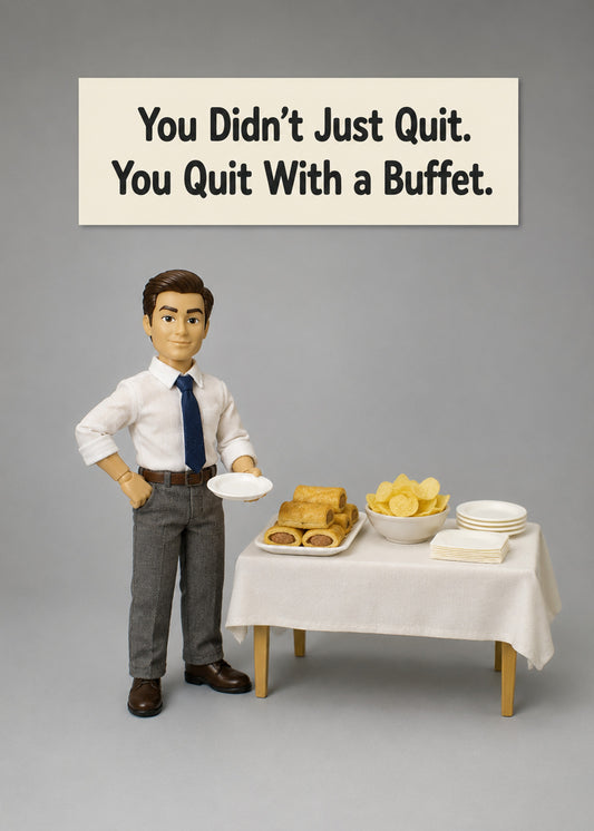 Funny leaving card showing a posed figure proudly presenting a leaving buffet of sausage rolls and crisps, by Gigglz