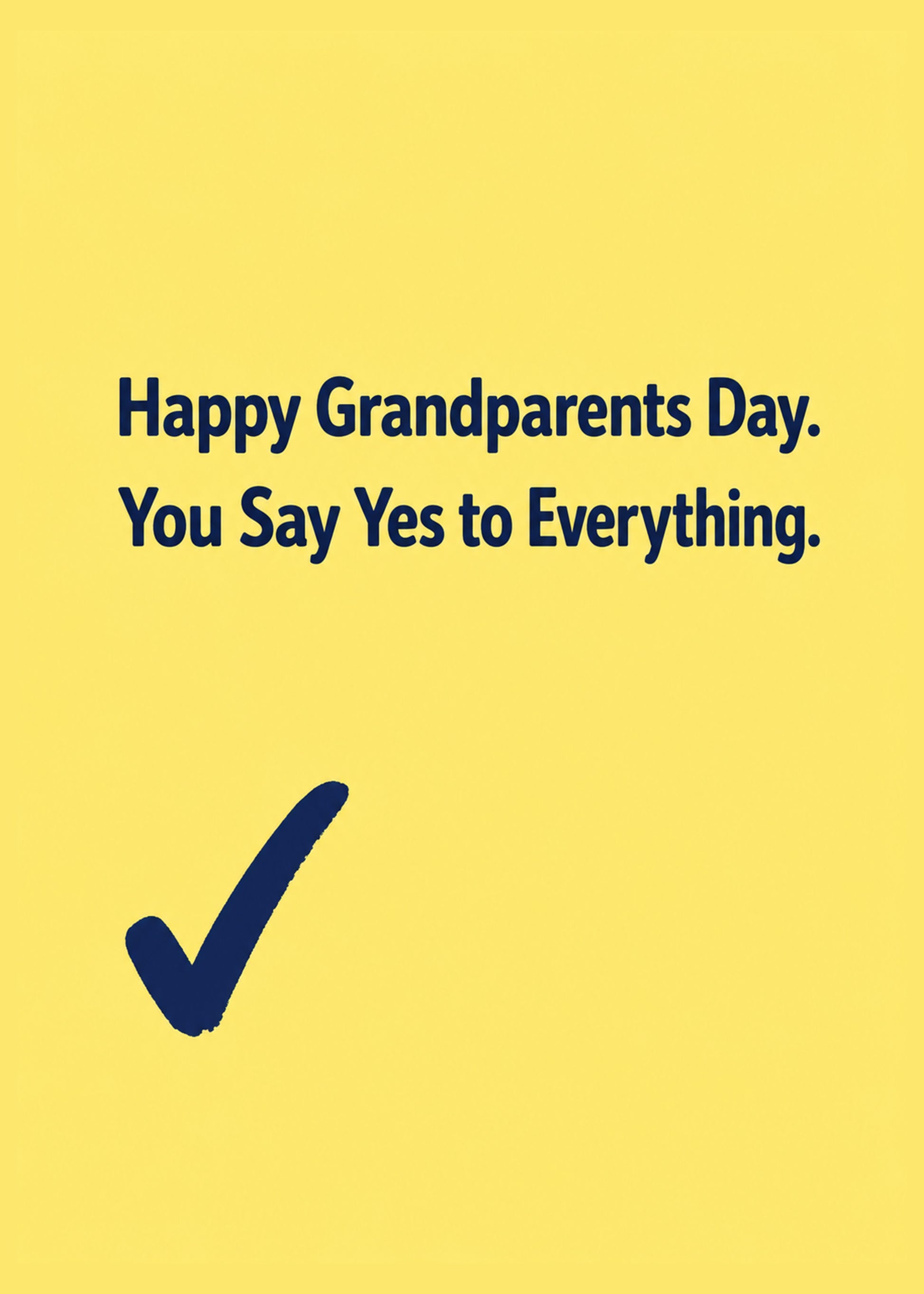 Funny Grandparents Day card showing bold type with a big hand-painted navy tick, by Gigglz