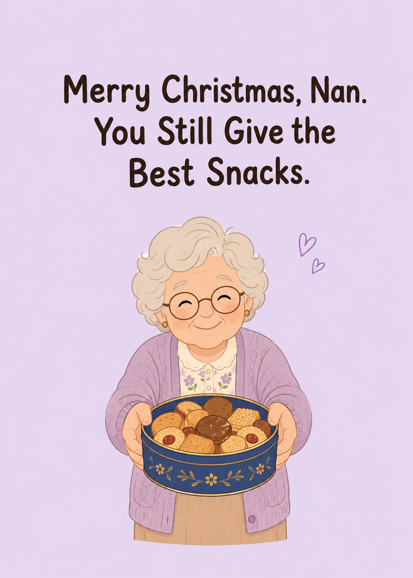 Cute Christmas card showing a smiling nan in a lilac cardigan holding out a full tin of biscuits, by Gigglz