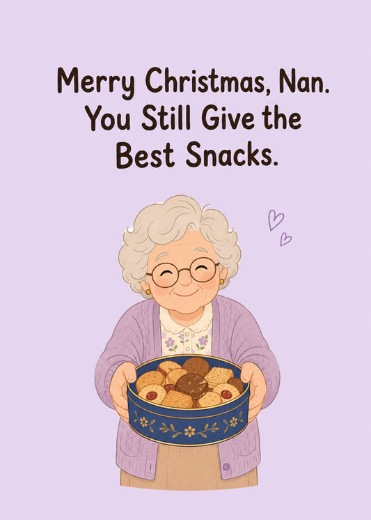 Cute Christmas card showing a smiling nan in a lilac cardigan holding out a full tin of biscuits, by Gigglz