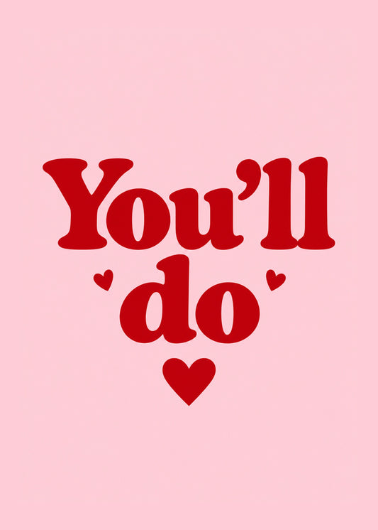 Funny anniversary card showing bold red retro serif lettering with three small red hearts on a pale pink ground, by Gigglz