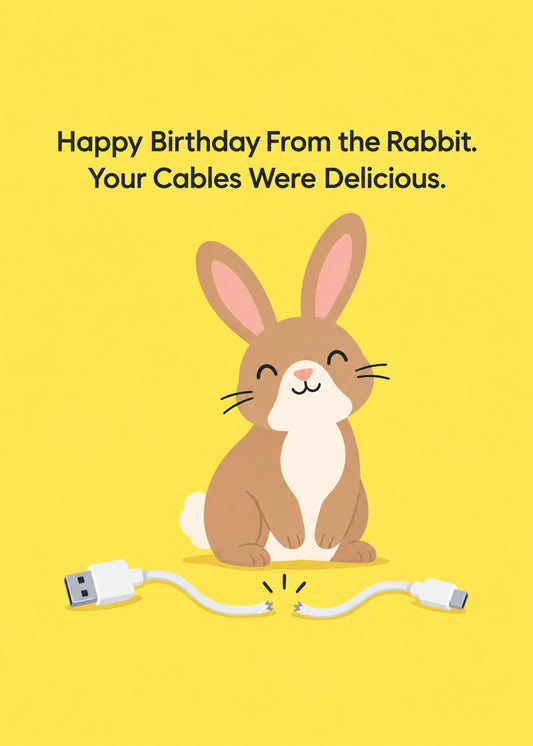 Funny birthday card showing a sweet cartoon rabbit sitting beside a chewed-through charging cable on a yellow, by Gigglz