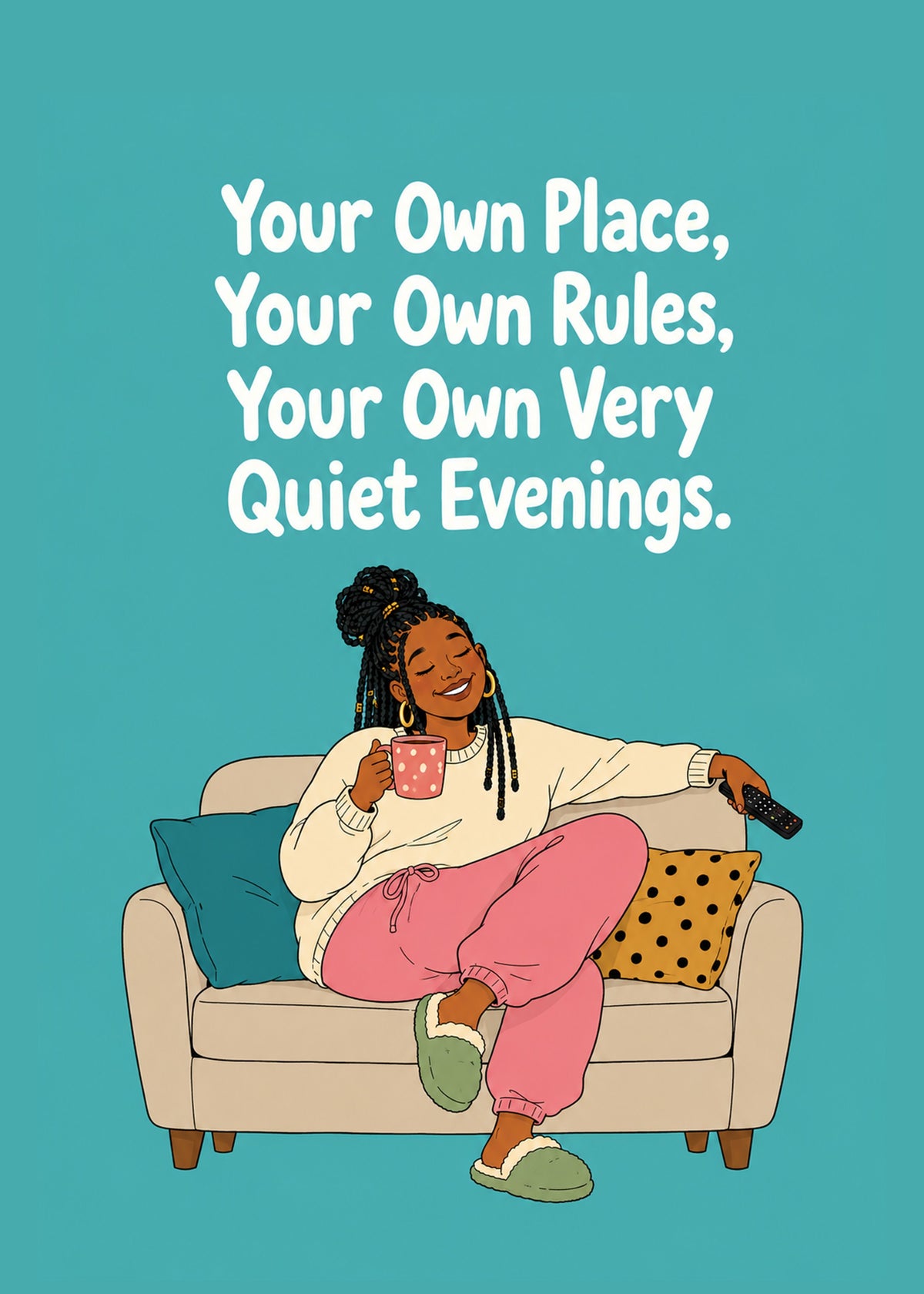 Funny new home card showing a woman relaxing contentedly on her own sofa, with Your Own Very Quiet Evenings text, by Gigglz