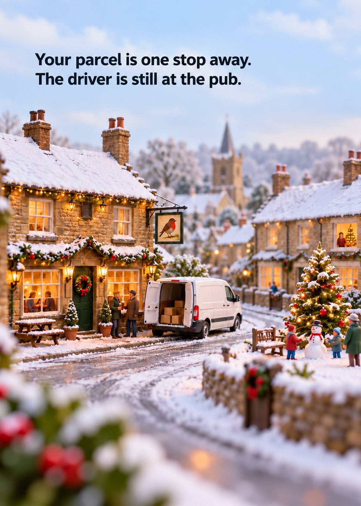 Funny Christmas card showing a miniature snowy village scene with a delivery van parked outside a cosy pub strung, by Gigglz