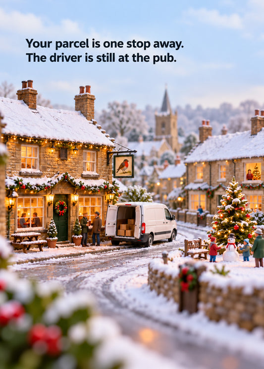 Funny Christmas card showing a miniature snowy village scene with a delivery van parked outside a cosy pub strung, by Gigglz