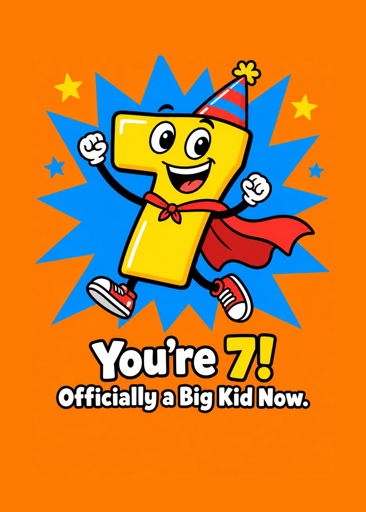 Funny birthday card showing a caped superhero 7 number character leaping, with Officially a Big Kid Now text, by Gigglz