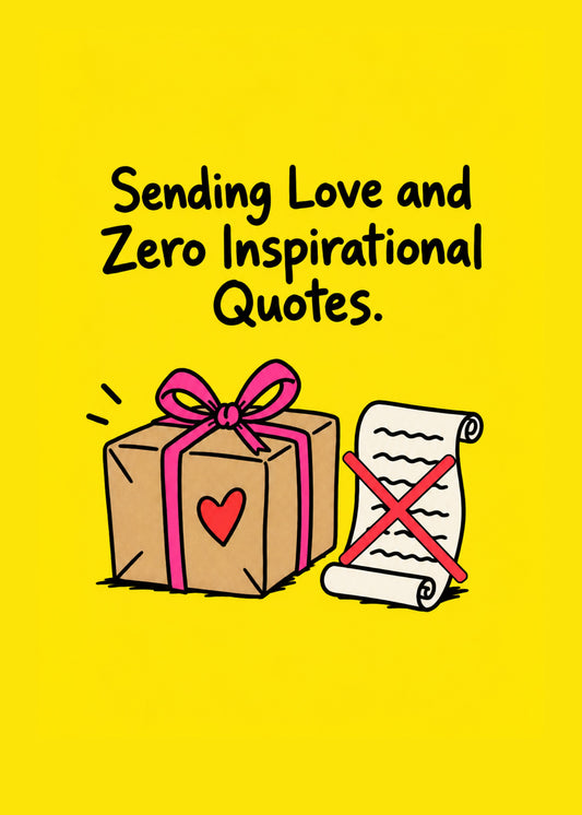 Funny thinking of you card showing a brown paper parcel with a pink bow and heart beside a crossed-out scroll, by Gigglz